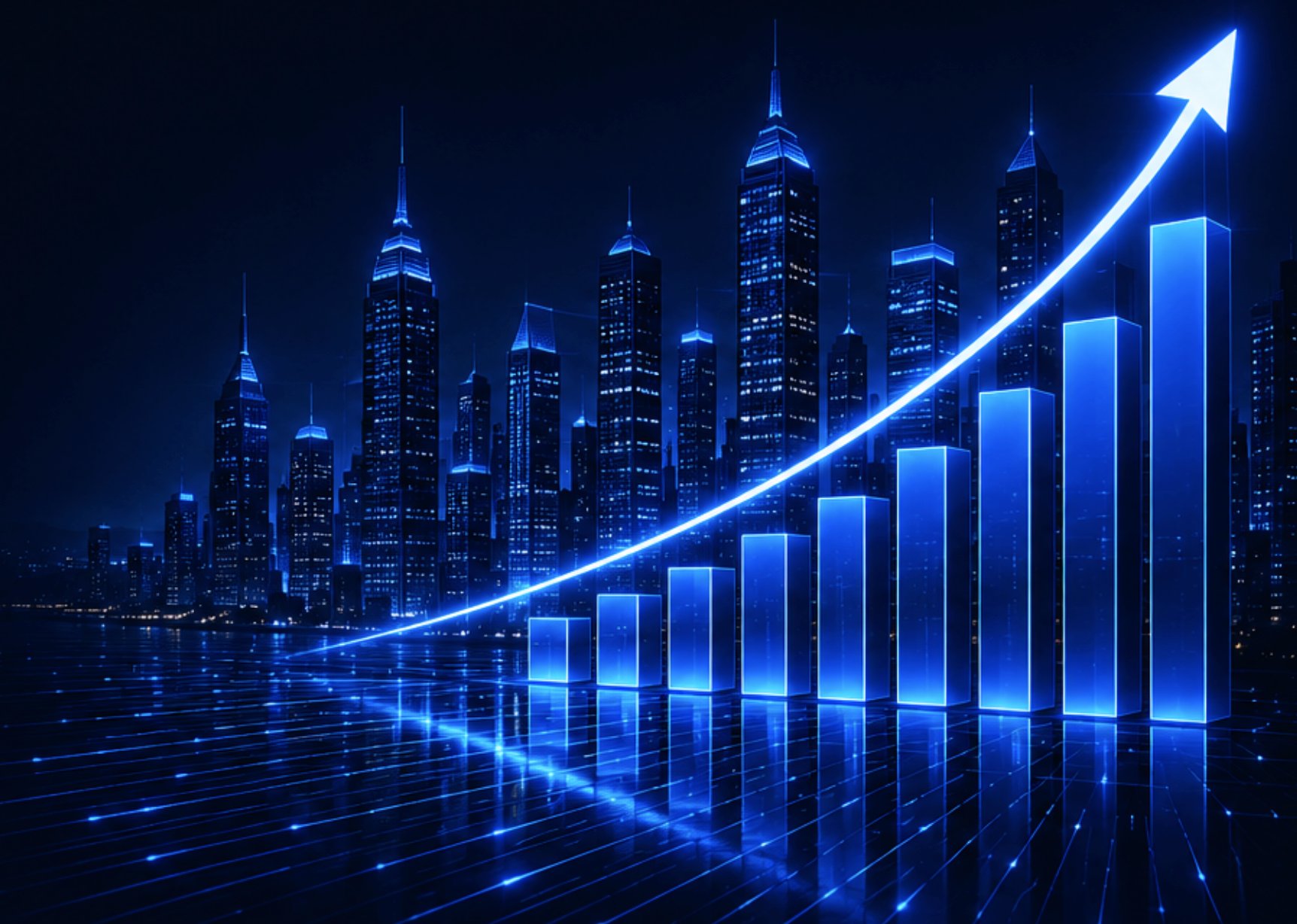 City skyline with rising revenue chart and growth arrow